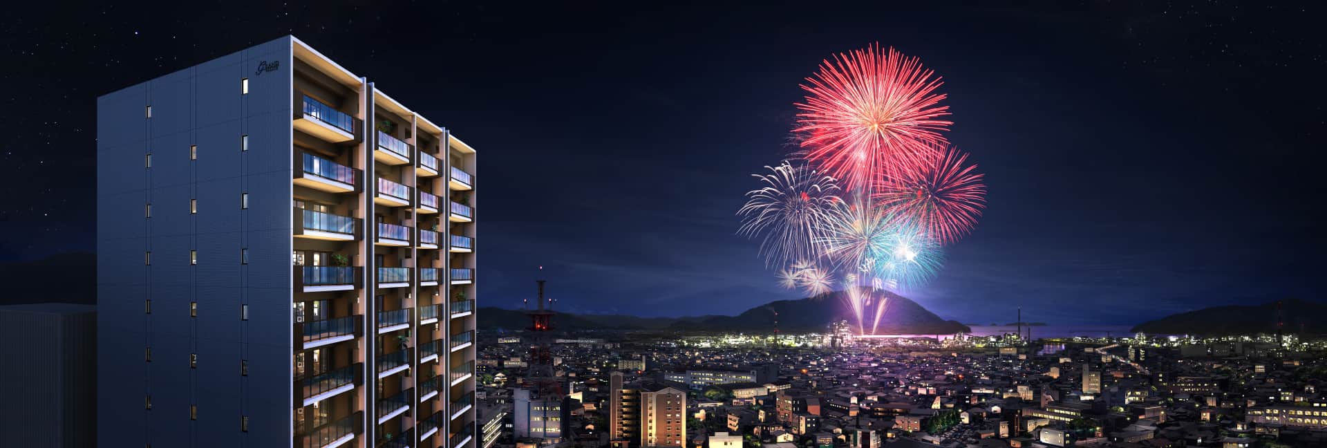 グランドパレス防府タワーと防府の夜景CG