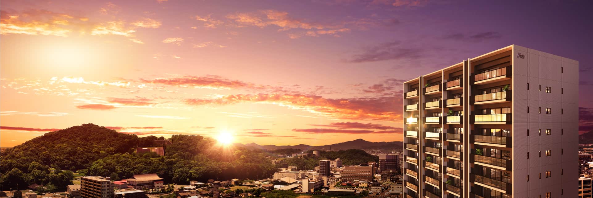 グランドパレス防府タワーと夕暮れ時の防府街並みCG